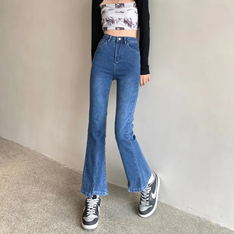 

Новинка Осень-зима 2021, универсальные эластичные прямые джинсы с высокой талией и открытой вилкой в стиле ретро