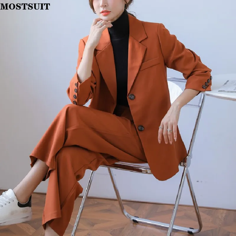 

New Chic Workwear Pant Suits Women Single-breasted Blazer & Wide Leg Pants Set Elegant Fashion Ladies Two Piece Matching Set