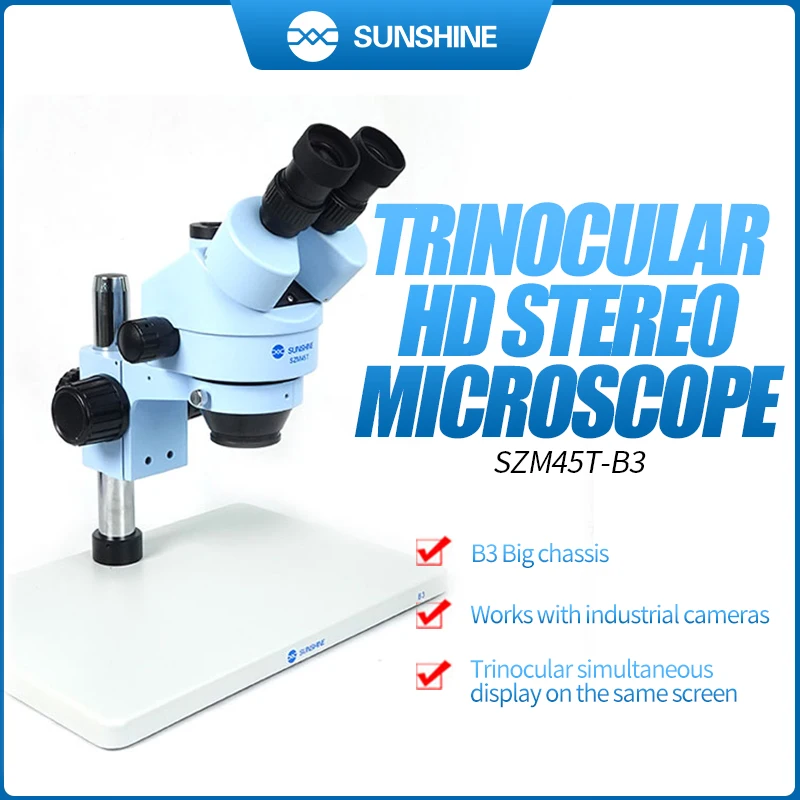

Микроскоп SUNSHINE SZM45T-B3 7X-45X с основанием, Настольная стойка, Тринокулярный Стерео микроскоп для ремонта мобильный телефон