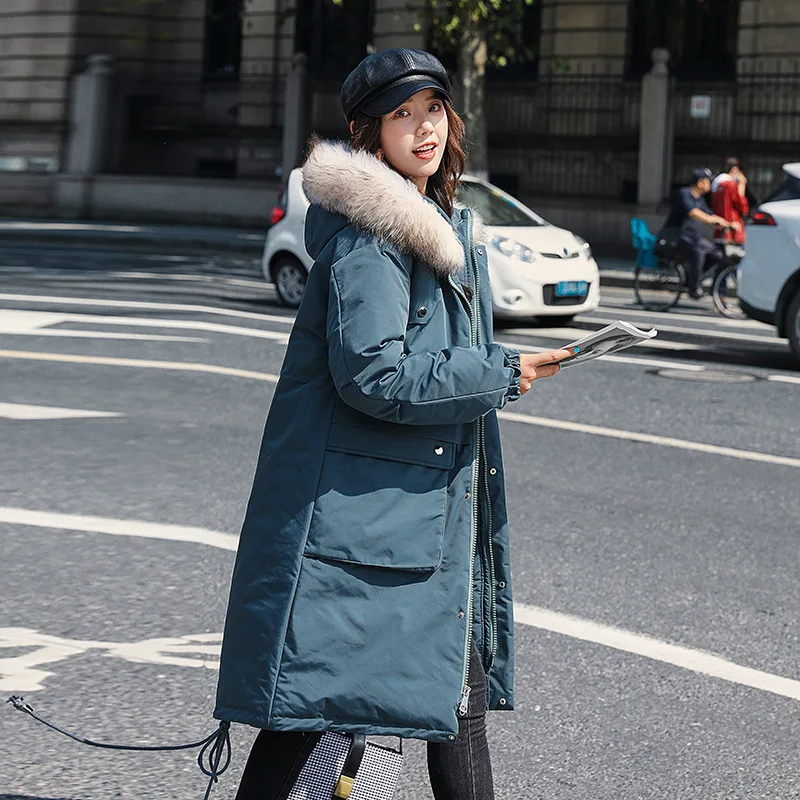 

Women New Winter Down Padded Jacket Long Loose Hooded Fur Collar Coat Waist Thin Cotton Jacket Korean Girl Warm Multicolor Coat