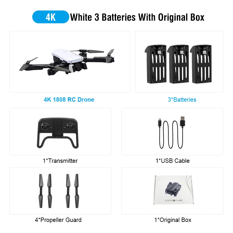 White 4K 3Batteries 1808 wifi FPV с 4K широкоугольной камерой оптический поток режим удержания высоты складной Радиоуправляемый Дрон Квадрокоптер RTF - Цвет: White 4K 3Batteries