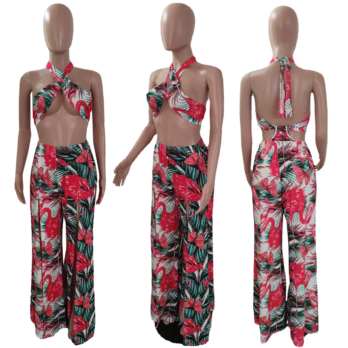 

Women Cross Halter Bandage Bikini Suits And Cover Up Skirt Fashion Print Summer Elegant Hollow Sexy Beach Swimsuit Bikini