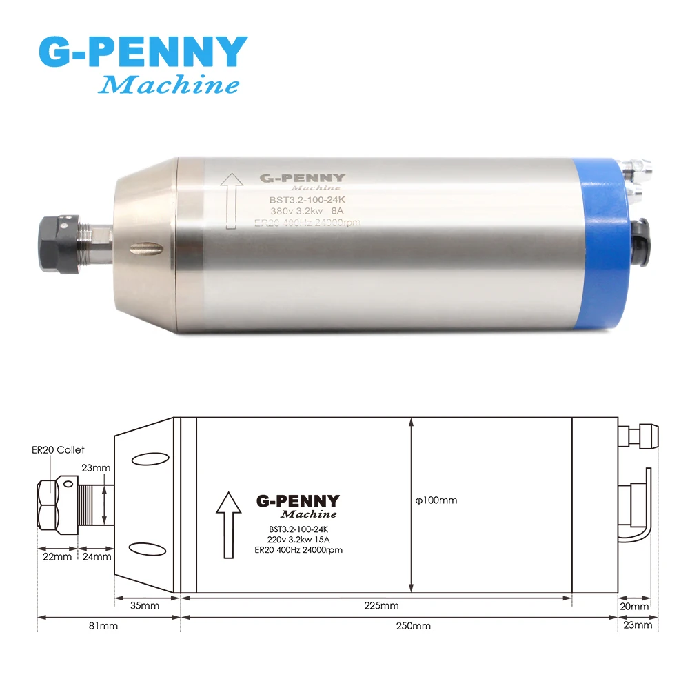 Фото G-Penny 220 В/380 В 3,2 кВт ER20 Комплект шпинделя с водяным охлаждением 4 шт. Подшипники 100 мм Тип пули Точность 0,01 мм и кронштейн шпинделя 100 мм №3