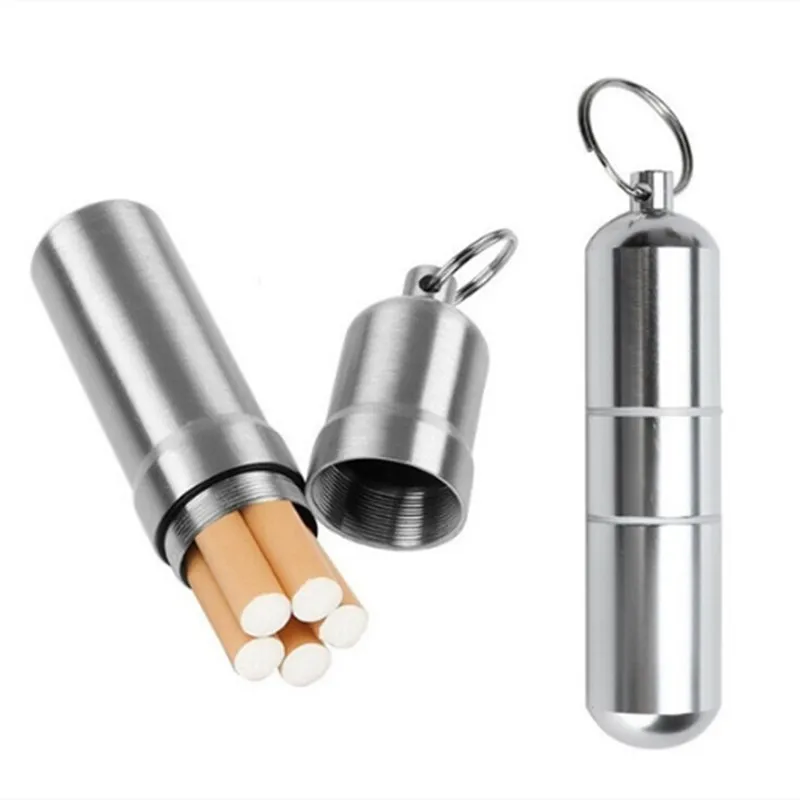 

Silver Aluminum Alloy Cigarette Box Waterproof Cigarete Case Pill Toothpick Capsule Holder with Keychain Mens Gift