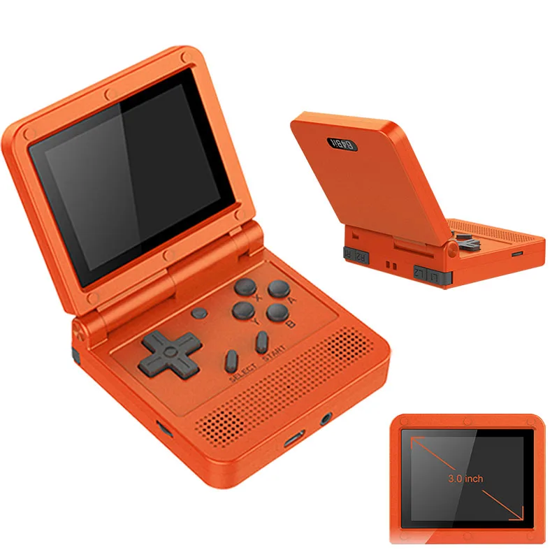 Портативная игровая консоль Powkiddy V90 в стиле ретро с открытой крышкой со встроенными 3000 играми для