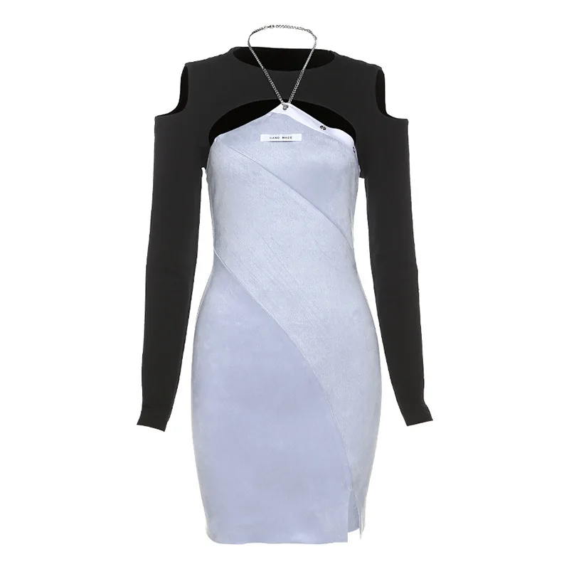 

New Y2k Ladies Sexy Chain Halter Dress Hollow Out Long Sleeve Basic Blouse 2-Piece Suit Women Fashion Streetwear