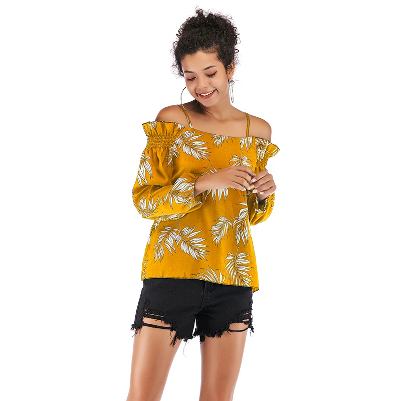 Женская блузка с принтом Офисная шифоновая длинным рукавом и открытыми плечами