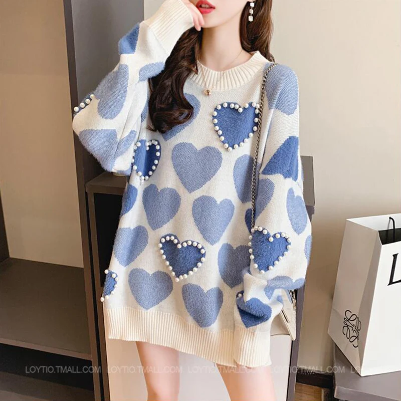 

TIGENA Loose Knitted Pullover Sweater Women Fall Winter Cute Heart Pattern Beading Fluffy Sweater Female Blue Pink Jumper Ladies