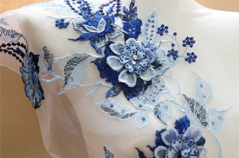 Ярко-голубая ткань 3D Цветочные бусины стразы аппликации вышивка Кружевная