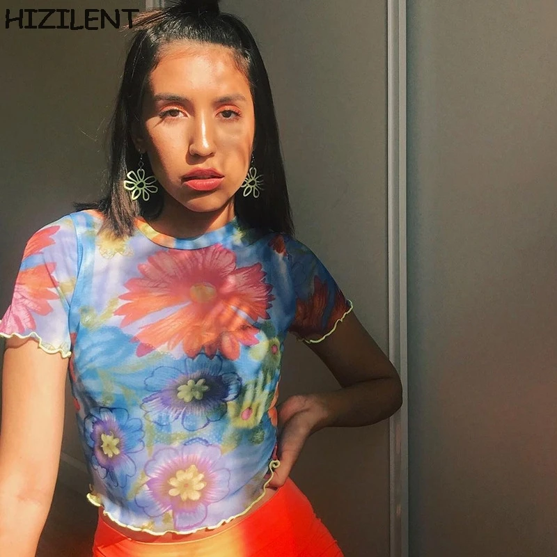 Цветочный принт Топ y2k детская модная футболка прозрачной сетки для женщин в