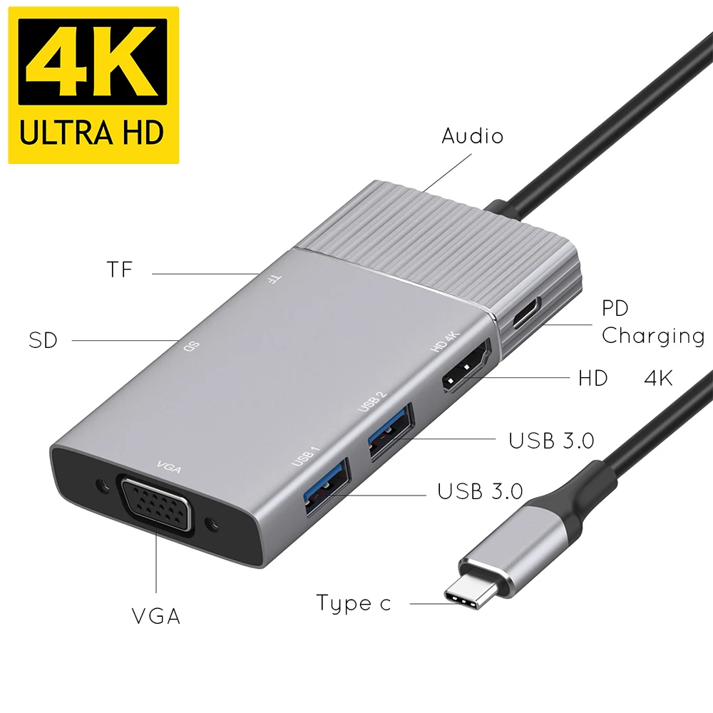 USBC к HDMI совместимый 4K VGA 2USB 3 0 SD TF кардридер концентратор 5 мм аудио порт PD зарядная