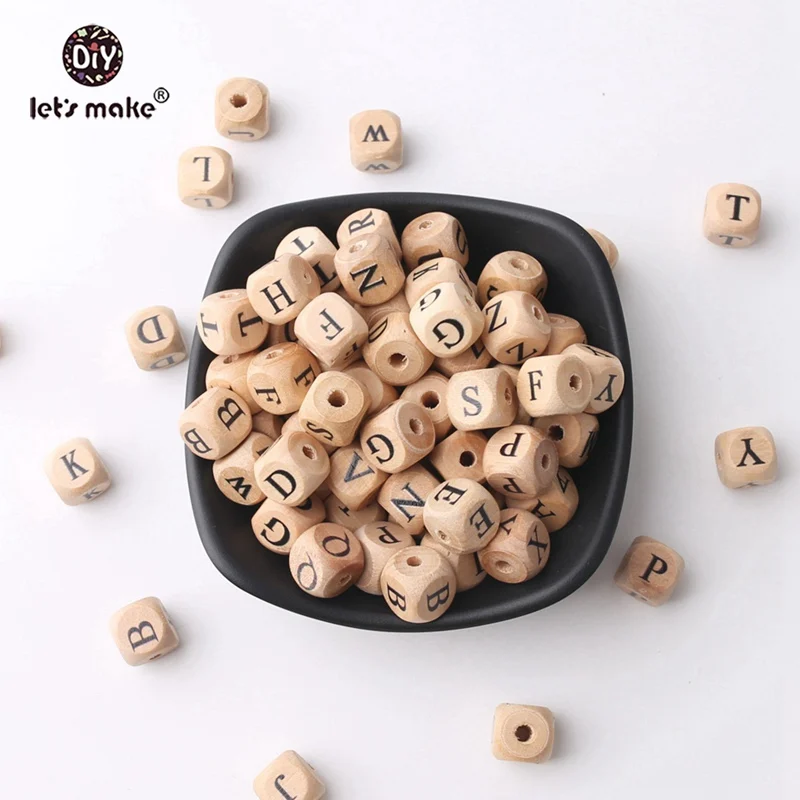 Давайте сделаем Детские Прорезыватели квадратной формы бука деревянные буквы бусины кроватки игрушки 12 мм 52 шт. бижутерия для прорезывания зубов DIY ремесла жевательные деревянный Прорезыватель
