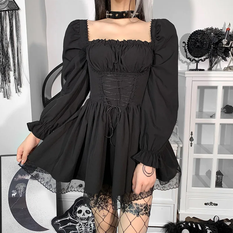 

Women Gothic Lolita Vintage Lace Up Corset Square Collar Puff Sleeve Y2K Lace Trim Mini Dress Renaissance Halloween Costumes