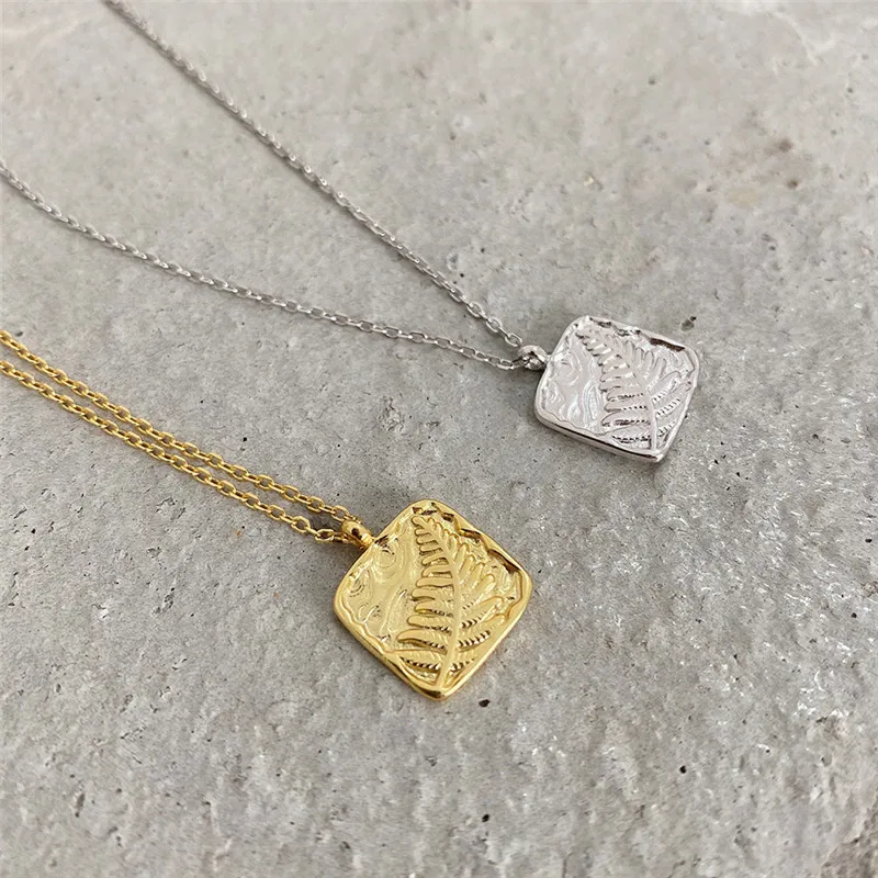 

925 Sterling Silver Vintage Leaf Square Short Pendant Necklace for Women Girl Simple Geometric Choker Statement Necklaces
