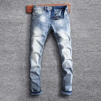 italian style fashion men jeans retro light blue elastic slim fit vintage designer jeans men simple casual denim plain pants