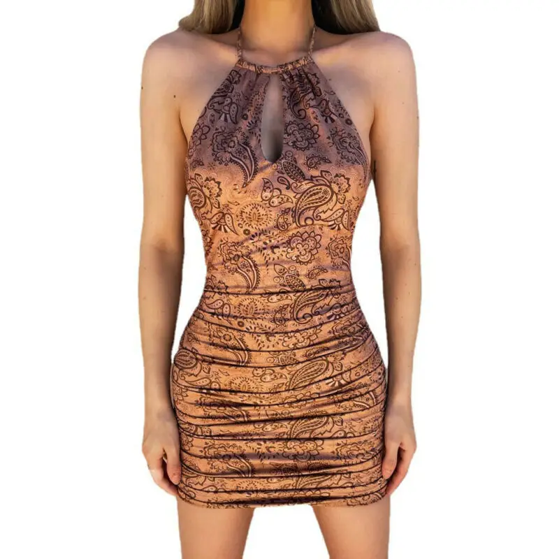 

Женское облегающее платье без рукавов с открытой спиной и открытой спиной, мини-платья с цветочным принтом, сексуальное летнее платье 2021, од...