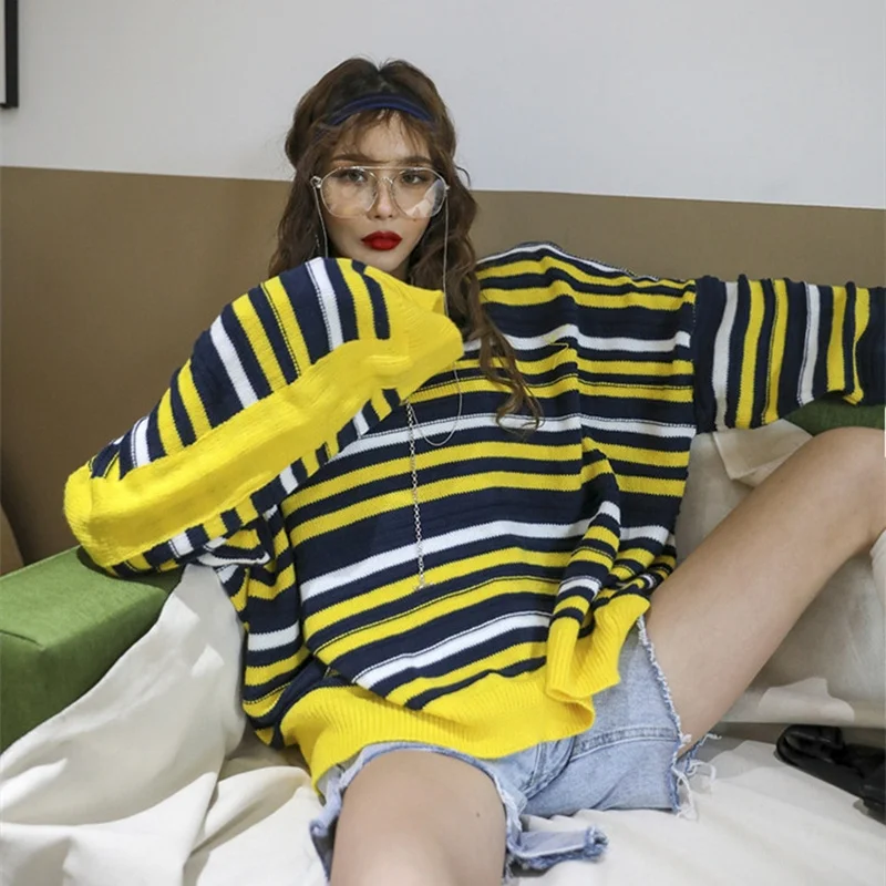 KINOMI Autumn Winter Rainbow Striped Women's Sweaters Bat Sleeve O-Neck Fashionable Korean Style Knitting Casual Tops 2019 New | Женская