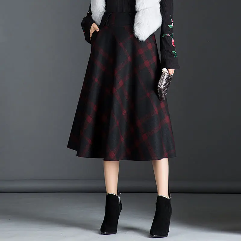 Англия Стиль Черный Красный клетчатая высокая талия миди юбки шерстяные плюс