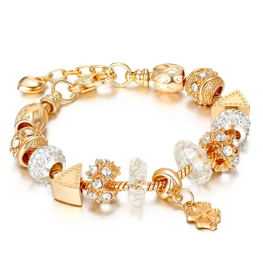

Elegant Light Gold Charm Bracelets&Bangles Gold Bracelets For Women Crystal Flower Beads Wedding Engageent Jewelry Gifts