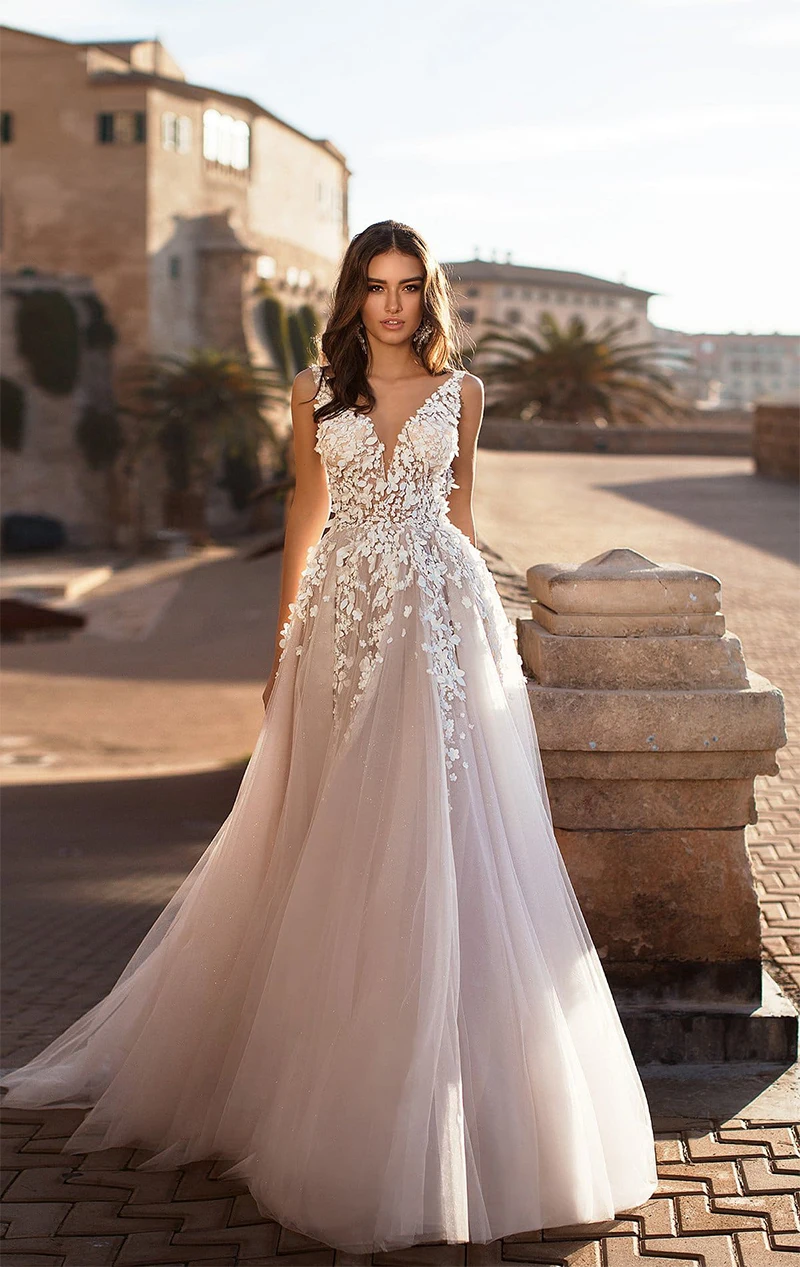 Романтическое свадебное платье с v-образным вырезом без рукавов Vestido De Noiva, аппликация, тюль, а-силуэт, подвенечные свадебные платья, подгонянные цвета