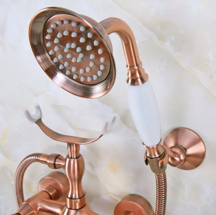 Buy Antique Red Copper Wall Mount Bathtub Bathroom Faucet Telephone Style Mixer Tap with Dual Handle Handshower zna375 on