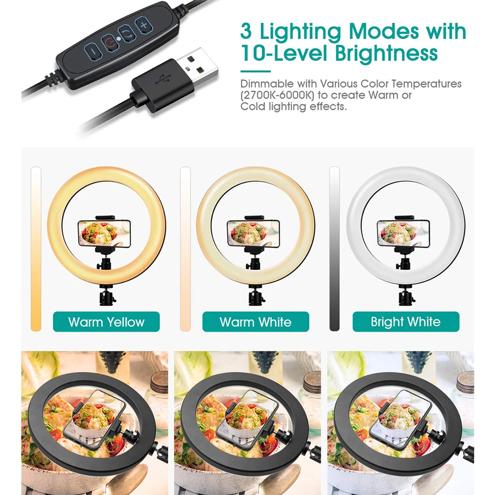26cm 16cm led selfie ring light photography lighting ringlight with desk long arm phone holder for youtube live cook vlog lamp free global shipping