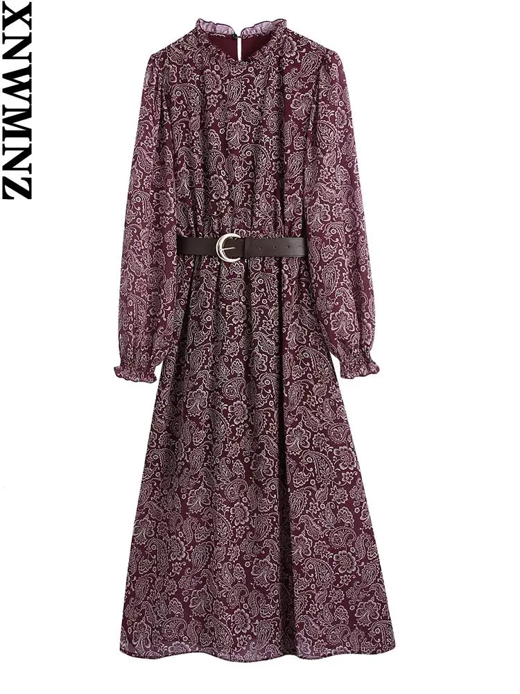 

XNWMNZ женское 2022 модное с поясом Пейсли ПРИНТ миди платье винтажное с длинным рукавом эластичная талия женские платья vestidos mujer