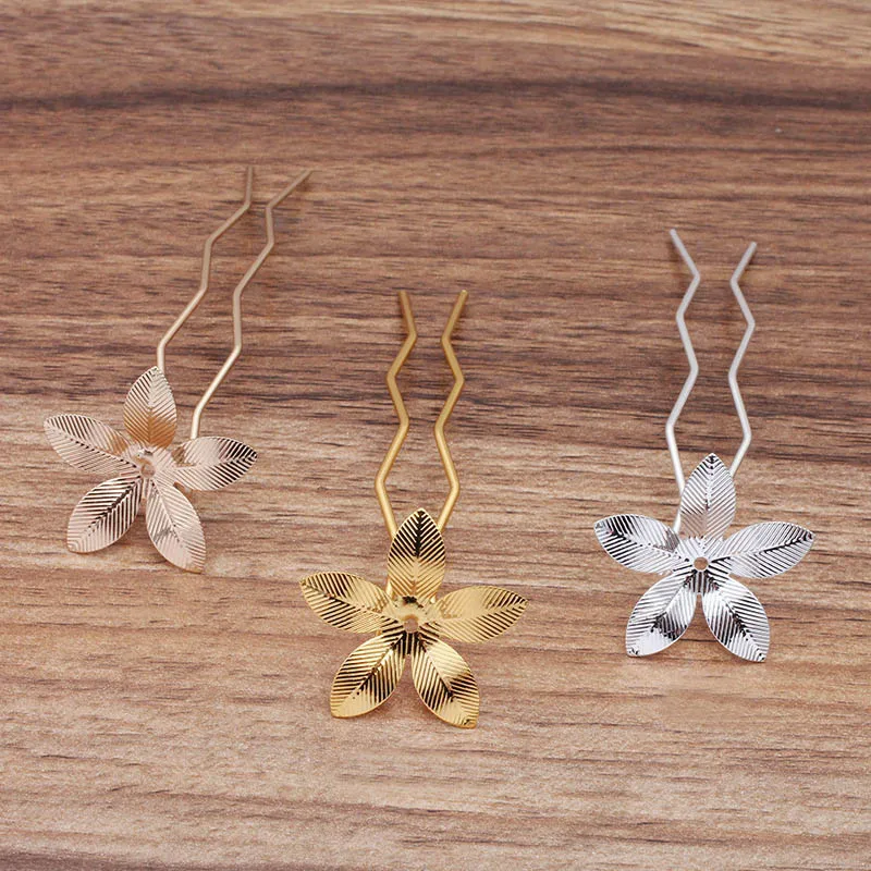 

20pcs Hair Stick with 30mm Filigree Flower Metal Bun Hairpins Findings Bases for Wedding Bridal Hair Clip Making Multi-color
