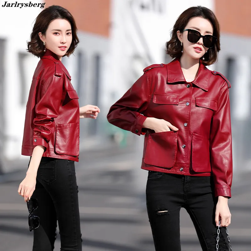 

2021New Women Spring Black/Wine red Pu Leather Jacket new Trend Fashion Lady Basic Casual Coat Plus Size Big Pocket Outerwear