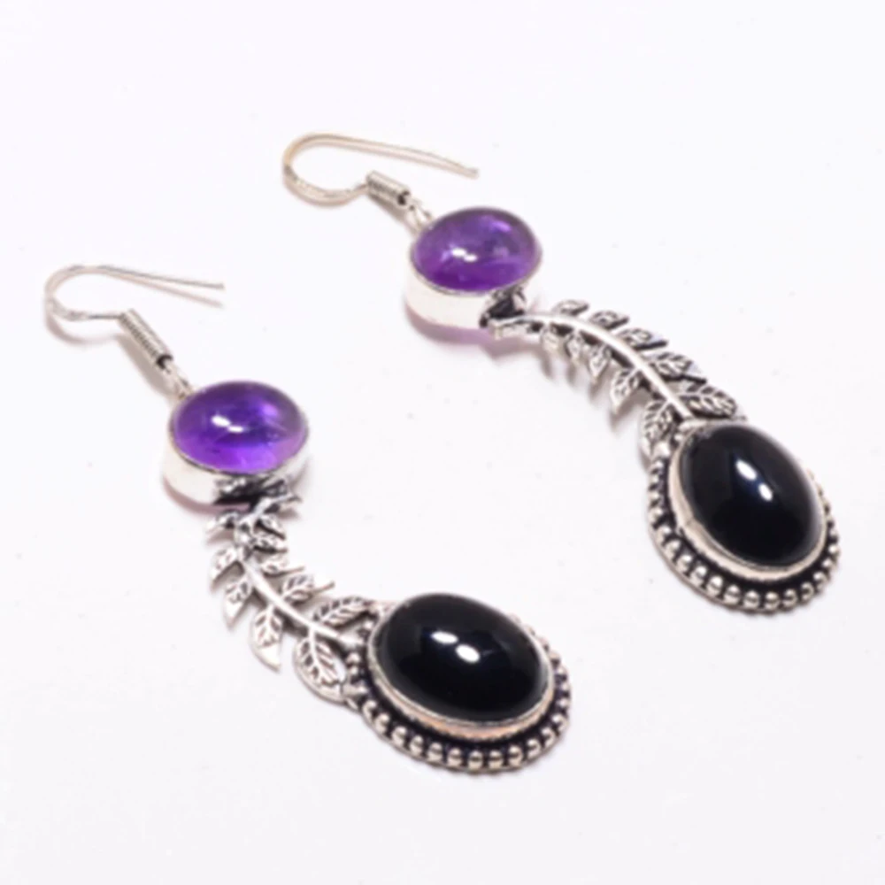 

Amethyst + Black Onyx Silver Overlay on Copper Earrings, 64 mm , E4414