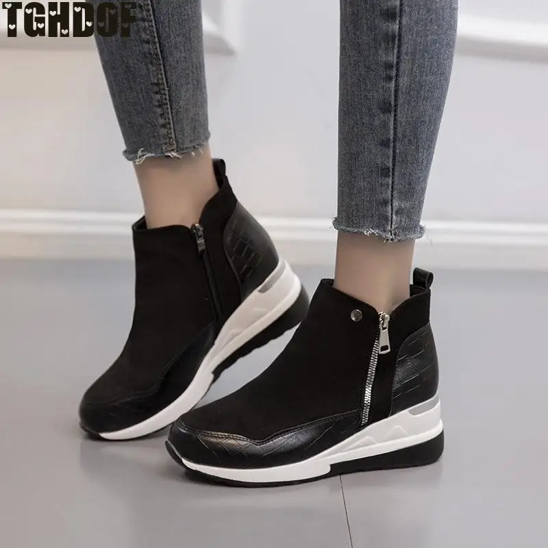 Shoes Women's PU Fashion High-top Flannel Casual Shoes Women's All-match Flat-bottom Zipper Walking Ladies Breathable Flat Shoes