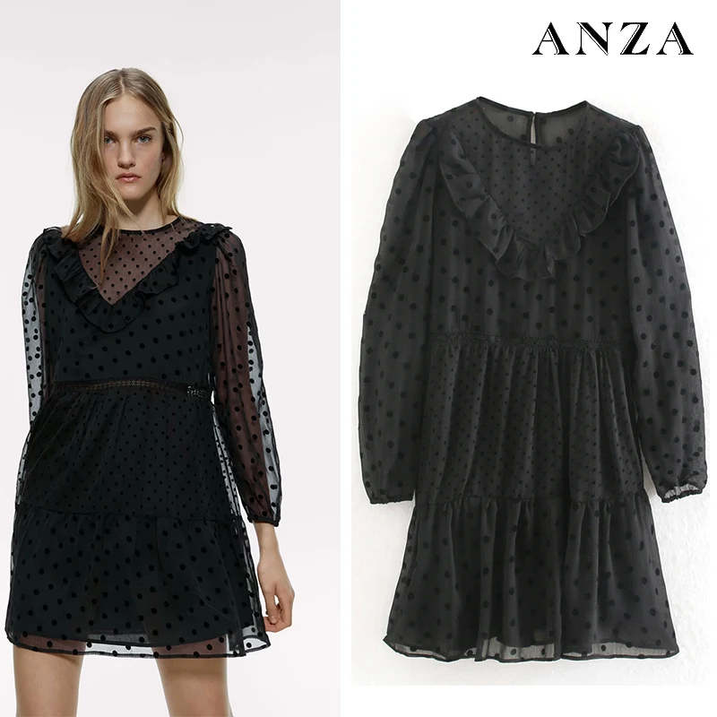 Женское платье с круглым вырезом Za черное элегантное трапеция кружевной