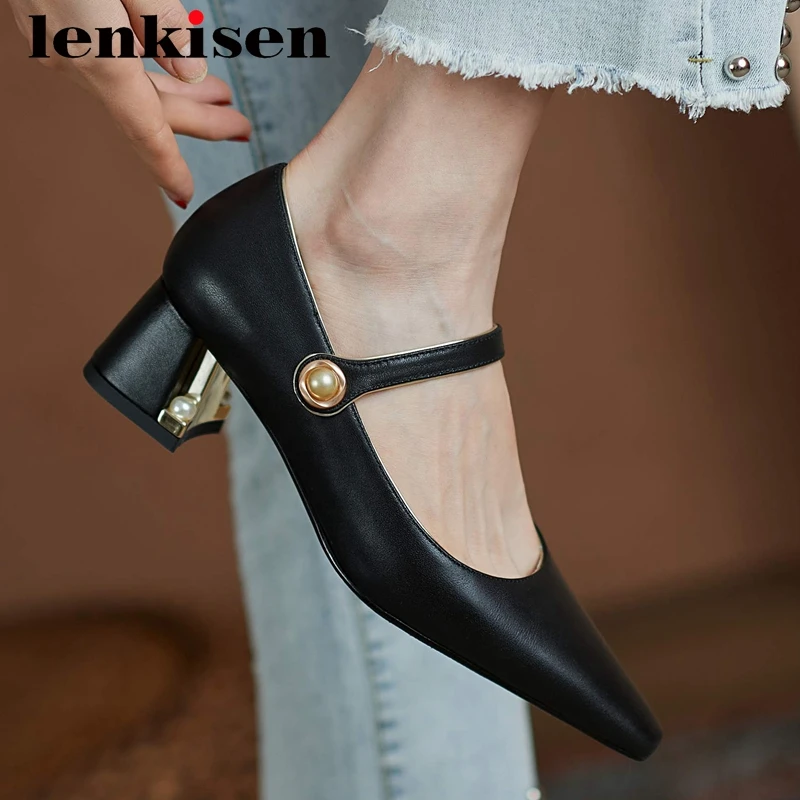 

Lenkisen 2021 spring new shoes full grain leather high quality small square toe thick med heel slip on gorgeous women pumps L34