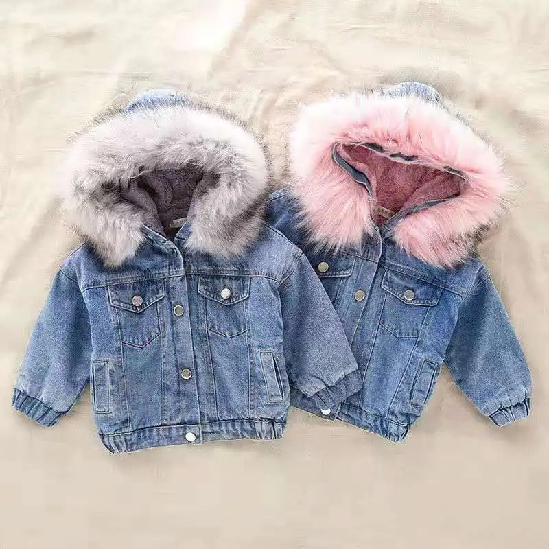 2019 Winter Baby Girl Denim Jacket Plus Velvet faux Fur Warm Toddler Outerwear Coat 1-8 Years Kids Parka girls coat | Детская одежда и