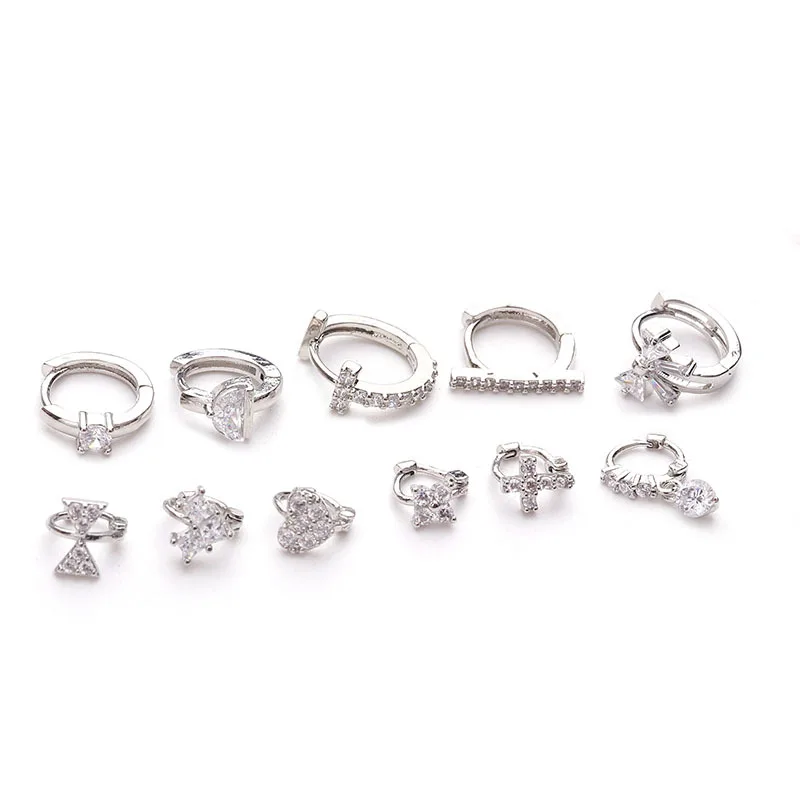 QCOOLJLY 1Pc New Tiny Cartilage Hoop With Cubic Zirconia Flower Cross Heart Bow Small Tragus Earring Helix Piercing Jewelry | Украшения и
