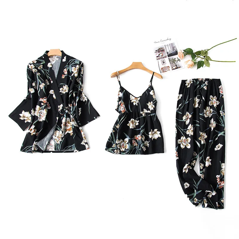 

Women's Cotton Silk Pajamas Summer Print Sexy Sling Three-piece Cropped Trousers Japanese Kimono Home Clothes Sleepwear Homewear