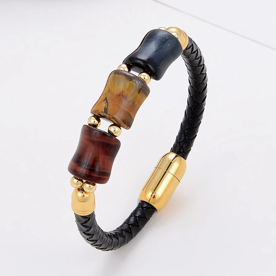 

100% Natural Tiger Eye Bracelet Charm Leather Bracelets For Women Stainless Steel Magnetic Clasp Men Jewelry Valentines Day Gift