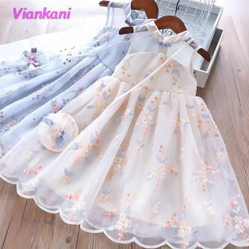 

Платья для девочек, элегантное Сетчатое платье принцессы в стиле пэчворк, детское платье 2021 с цветочной вышивкой, сарафан для маленьких дев...