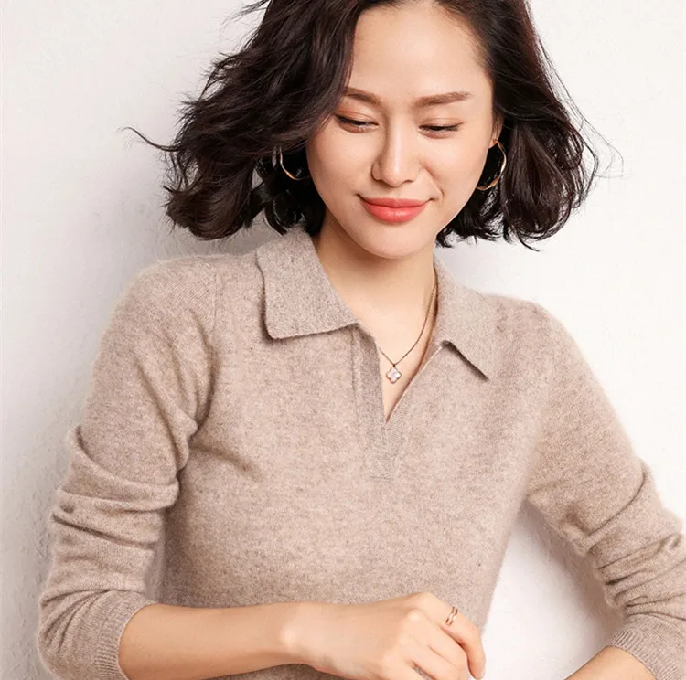 Однотонный кашемировый свитер с воротником-поло женское облегающее платье