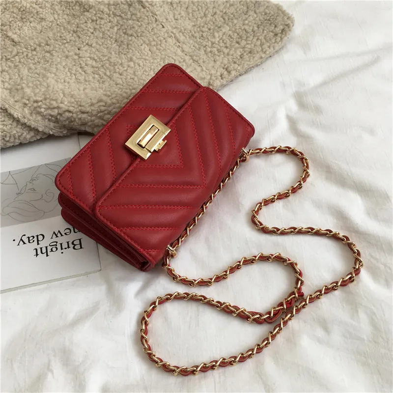 Burminsa Elegant Quilted Chain Crossbody Bags For Women Unique Design Lock High Quality Soft PU Female Shoulder Bags Autumn - Цвет: Red