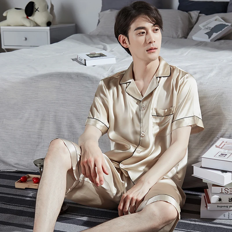 Men's Summer 100% Silk Pajamas Sets Solid Lxury Pure Silk Pijamas Sleepwear Male Home Clothes Short-sleeve 2 Pcs Pyjamas Suit