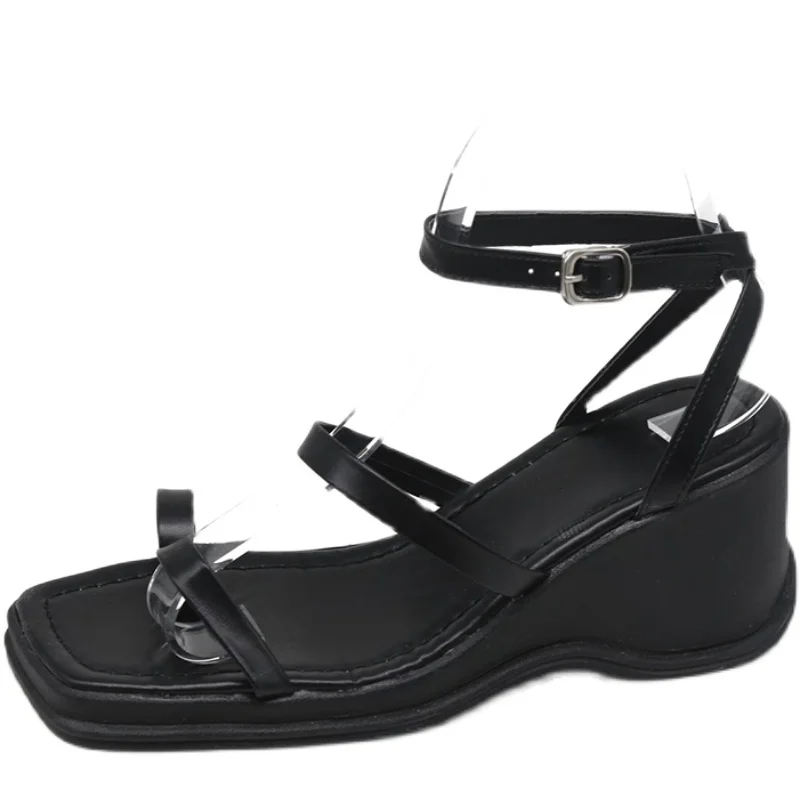 

Sandals Straps All-Match Slip-on Loafers Summer Women's Shoes Lady 2021 Clogs Wedge High Heels Square Toe Suit Female Beige Flip