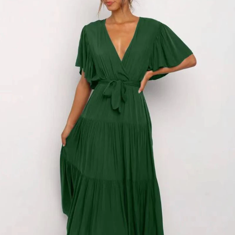 

Dress Women New Arrive Spring V Neck Cross Belt Tunic Solid Color Fashion Casual Ankle Length Dresses 2021