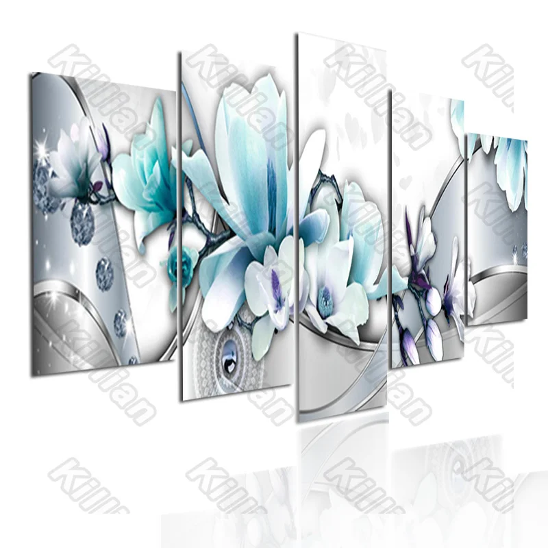 

Plant Style Mural Canvas Paintings Modular Bed Home Decor Prints 5 Pieces blue white flower Love Poster Living Room Wall Fresco