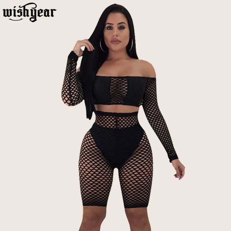 Ажурный сетчатый сексуальный комплект из двух предметов с открытыми плечами