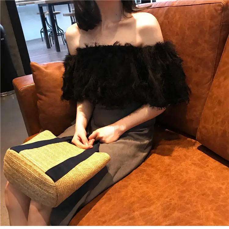

Summer one shoulder feather fringe short chiffon shirt elastic shoulder night club sexy off shoulder women's top