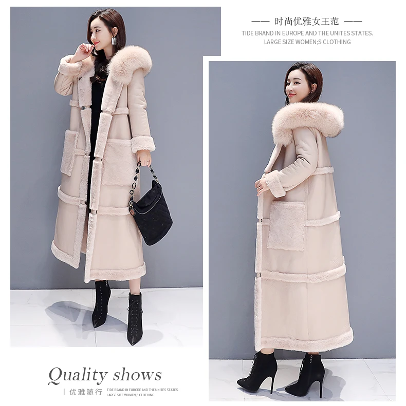Свободные большие размеры Промытые ПУ кожа плюс бархат утолщение искусственного меха одно пальто женское длинное пальто с мехом зимняя женская