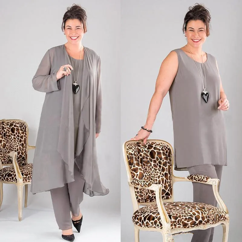 

Plus Size Pants Suit Mother of the Bride Wedding Party Gowns with Long Sleeves Jackets Three Pieces Chiffon Vestidos De Novia