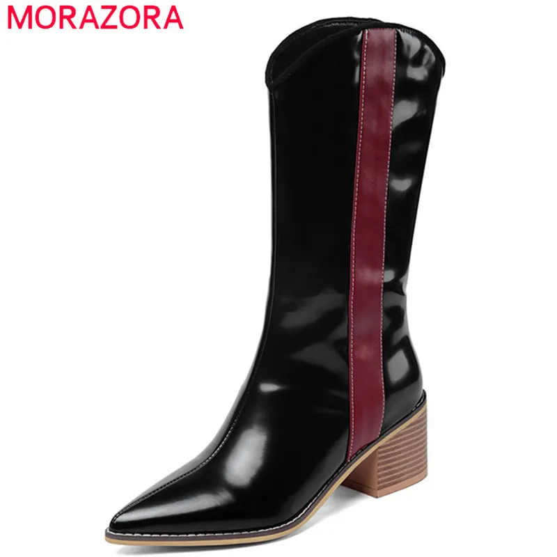 Женские сапоги до середины икры MORAZORA черные с острым носком на квадратном