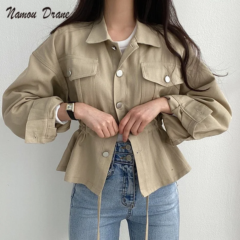 

Namou Drane Korea Chic Autumn Khaki Lapel Single Breasted Drawstring Waist Closed Leisure Double Fashion Short Coat Female 2021